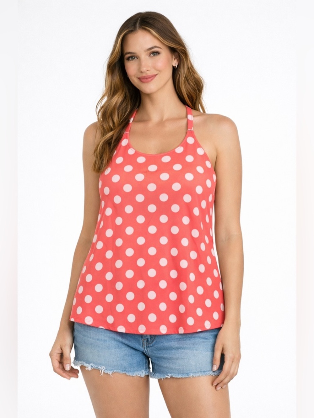 B Jewel Pink and White Polka Dot tank Top with grey back and bow